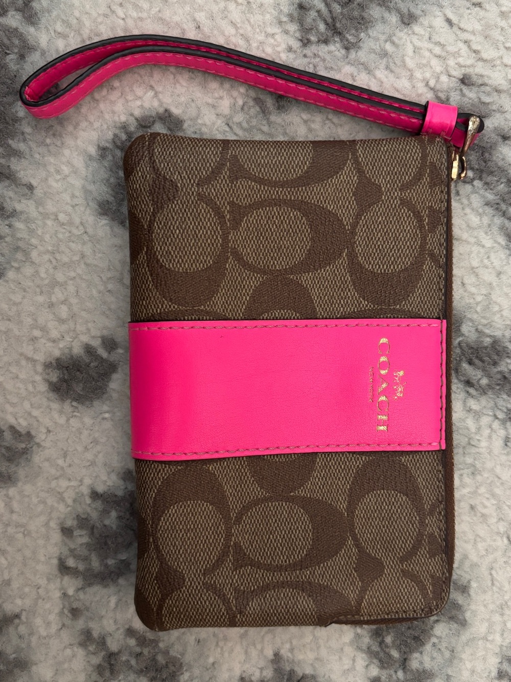 Coach Brown Signature Canvas Wristlet with Bright Pink Accent